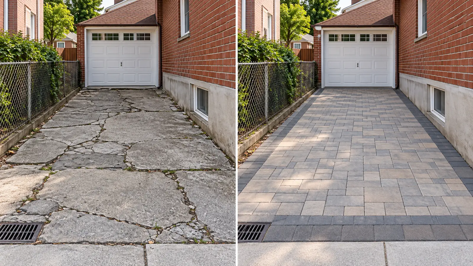 Before and after paver driveway replacement at a Bensonhurst Brooklyn home