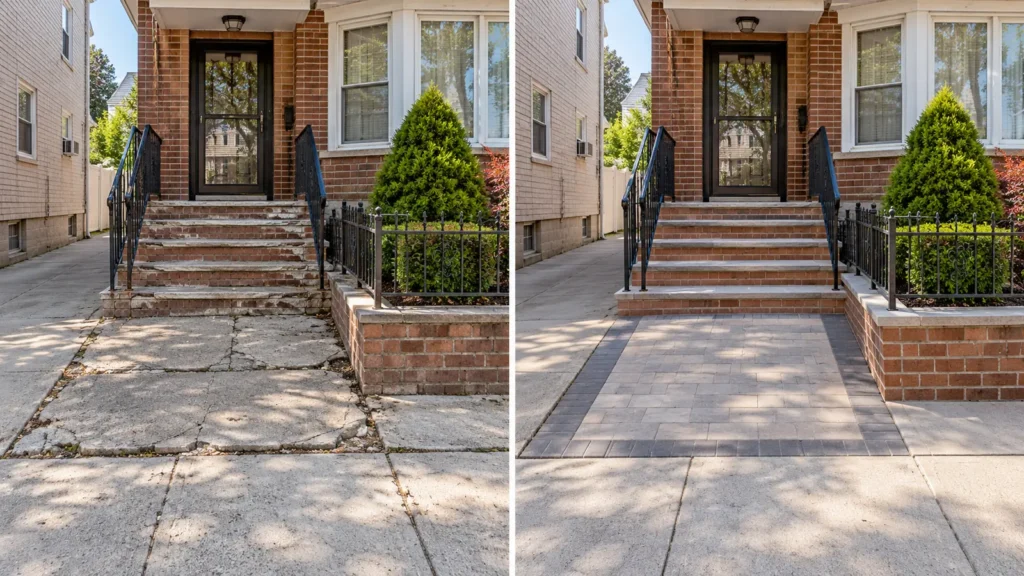 Before and after stoop and walkway renovation at a Bensonhurst Brooklyn property