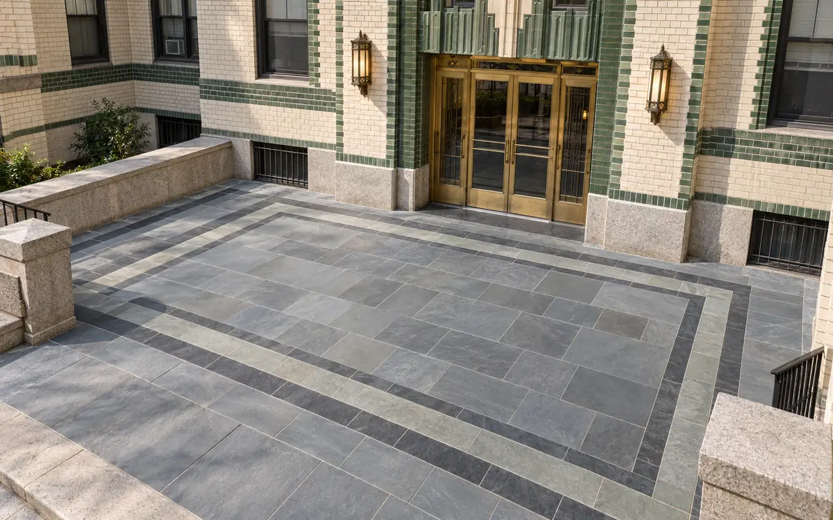 Geometric bluestone entrance courtyard at an Art Deco multifamily building