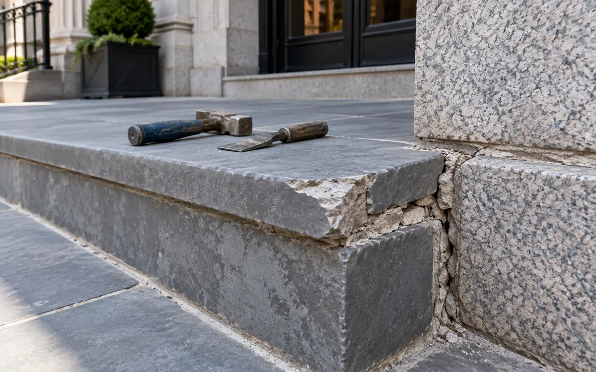 Close view of a chipped bluestone edge and deteriorated joint prepared for repair