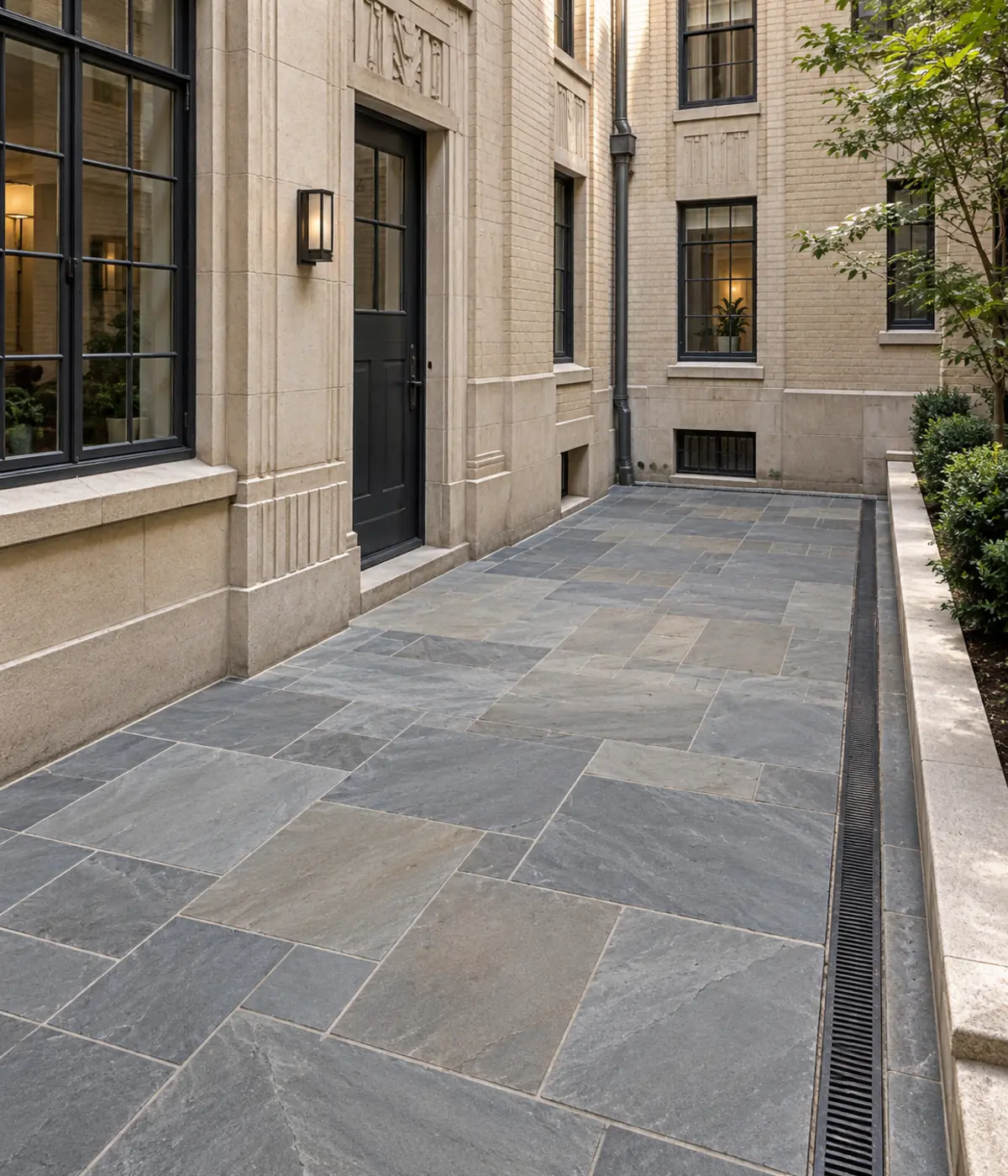 Bluestone courtyard showing planned drainage and stone transitions