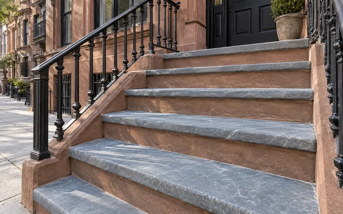 Thick bluestone stair treads fitted to a traditional brownstone stoop