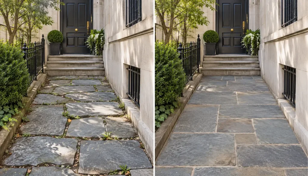 Side-by-side bluestone walkway before and after professional resetting