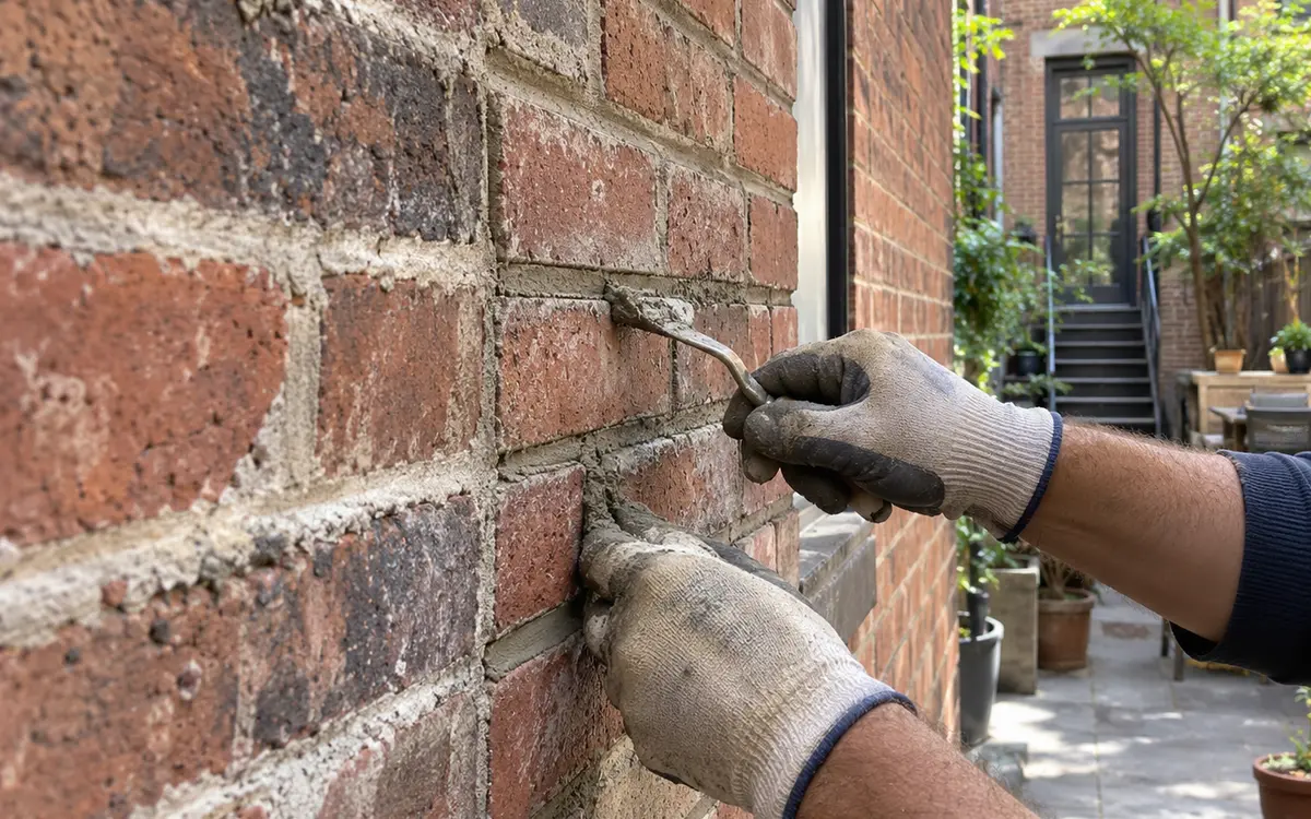 Brick repointing on a brownstone rear extension in NYC