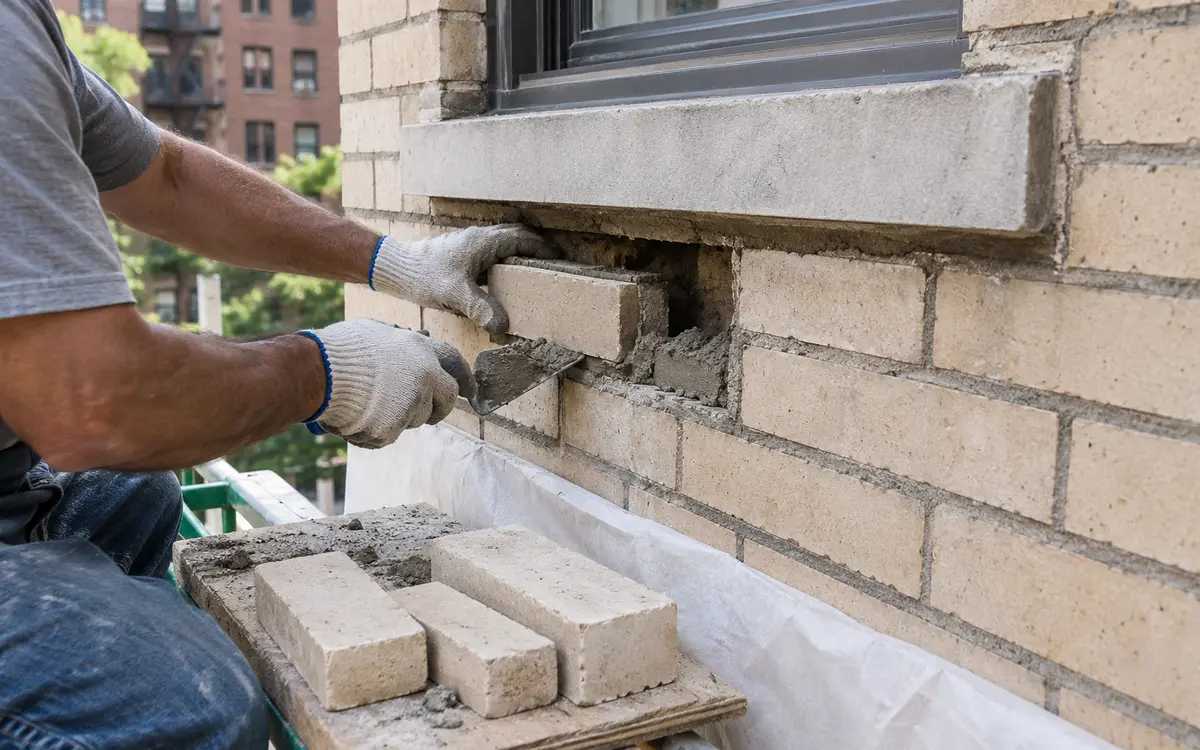 Damaged bricks being replaced on an NYC apartment building