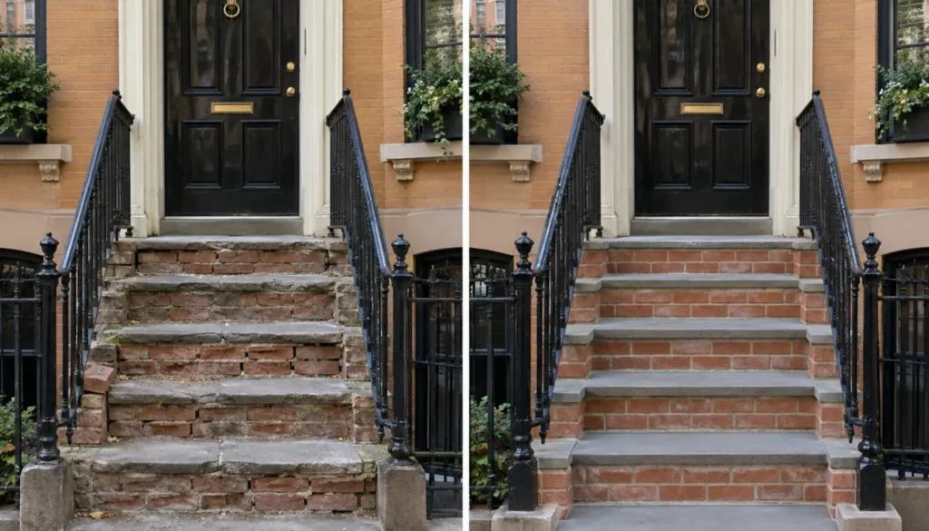 Before and after brick stoop rebuilding at an NYC row house