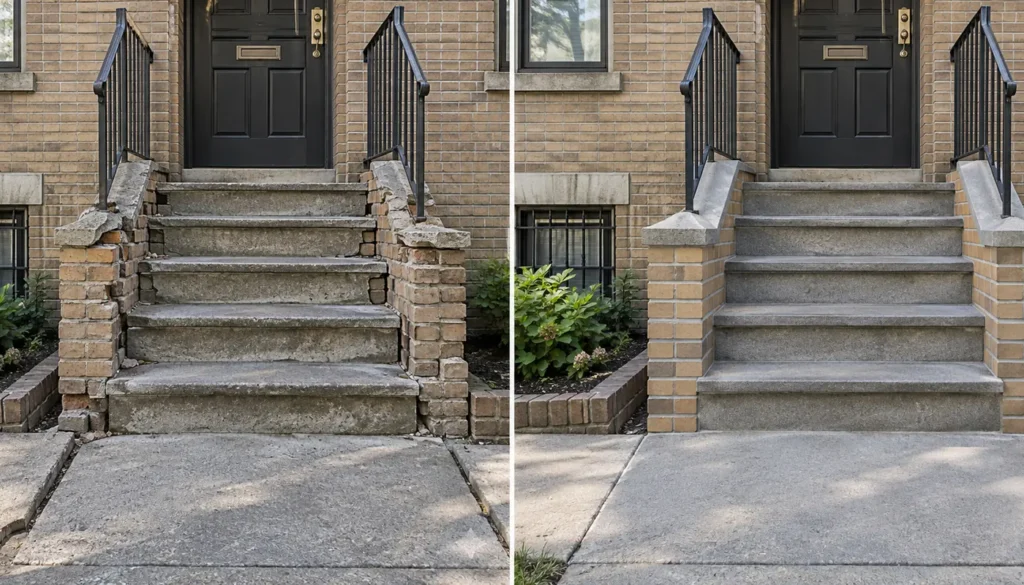 Before and after masonry repair on an NYC brick stoop.