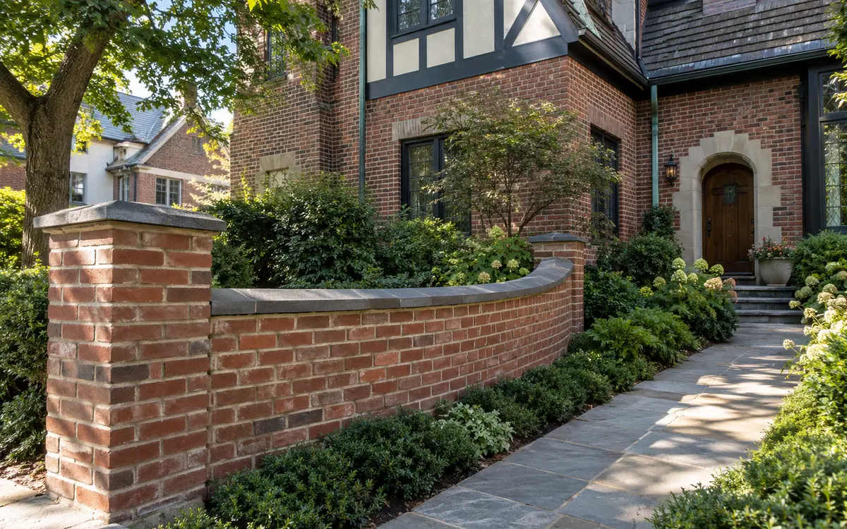 Repaired brick garden wall at an NYC home