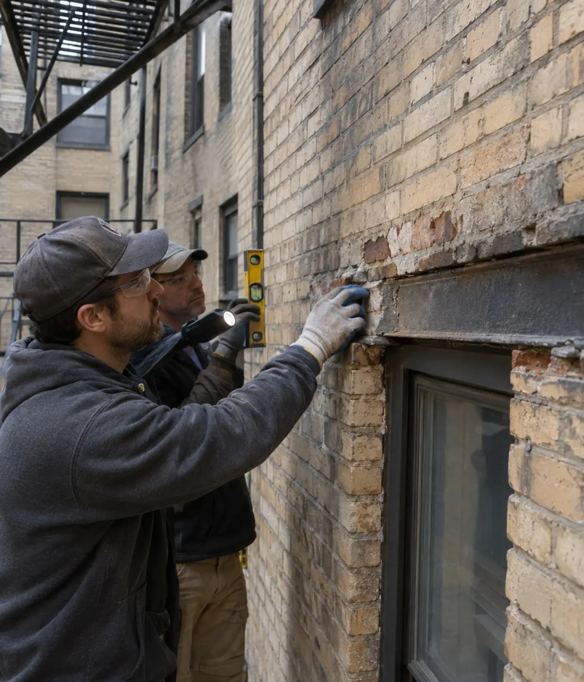 Brickwork contractor inspecting damaged brick masonry at an NYC property