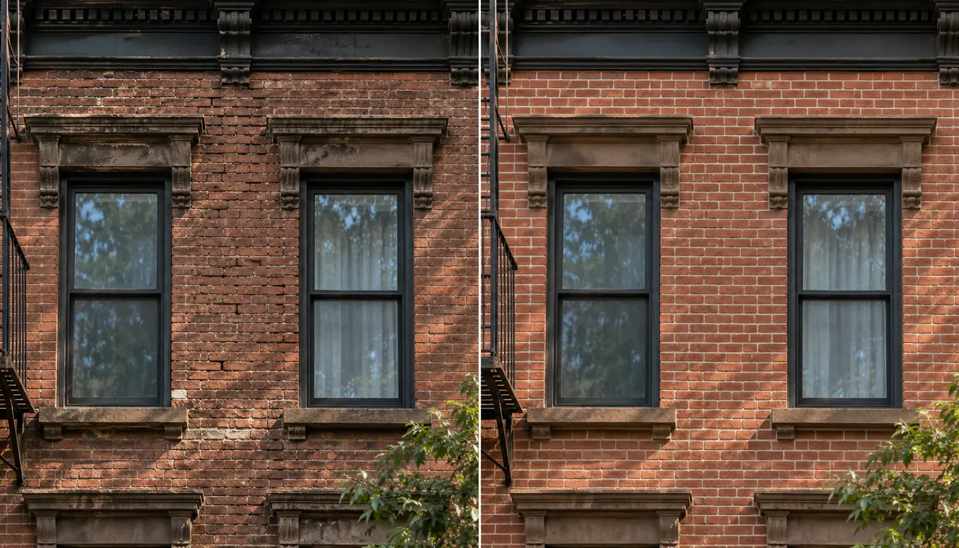 Before and after brick repointing on an NYC brownstone facade.