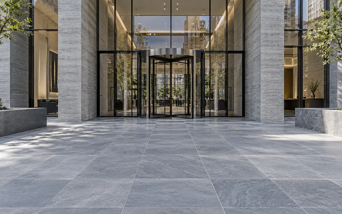 Large-format bluestone paving at a commercial office entrance