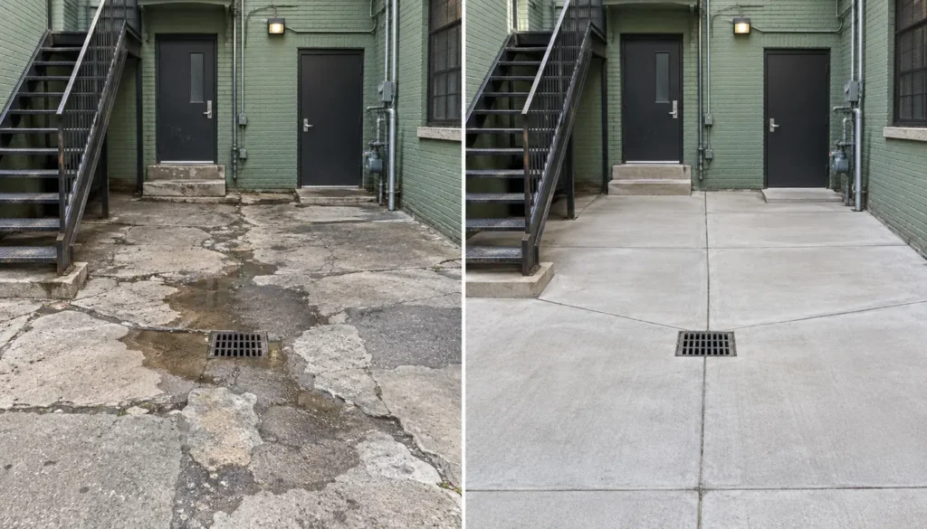 Before and after commercial concrete courtyard replacement in NYC