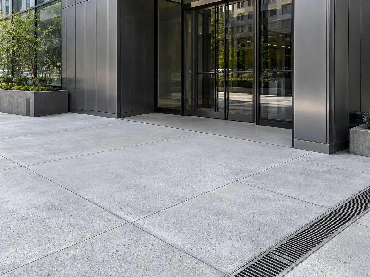 Commercial concrete flatwork beside a large building