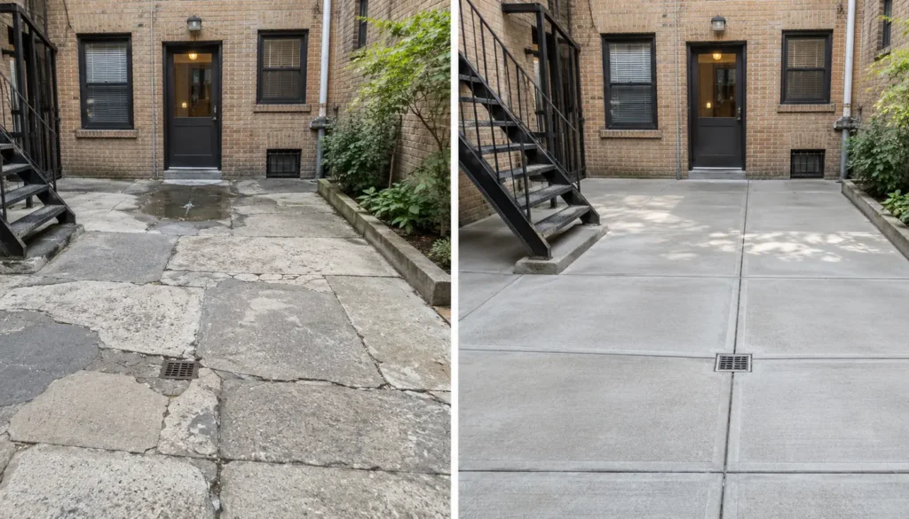 Before and after concrete courtyard replacement at an NYC apartment building