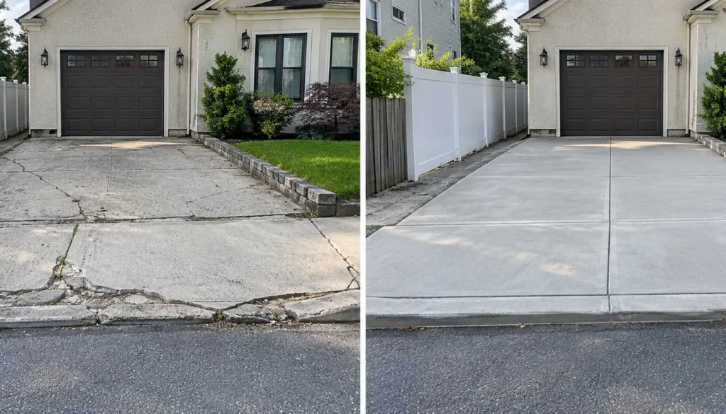 Before and after concrete driveway apron replacement in NYC