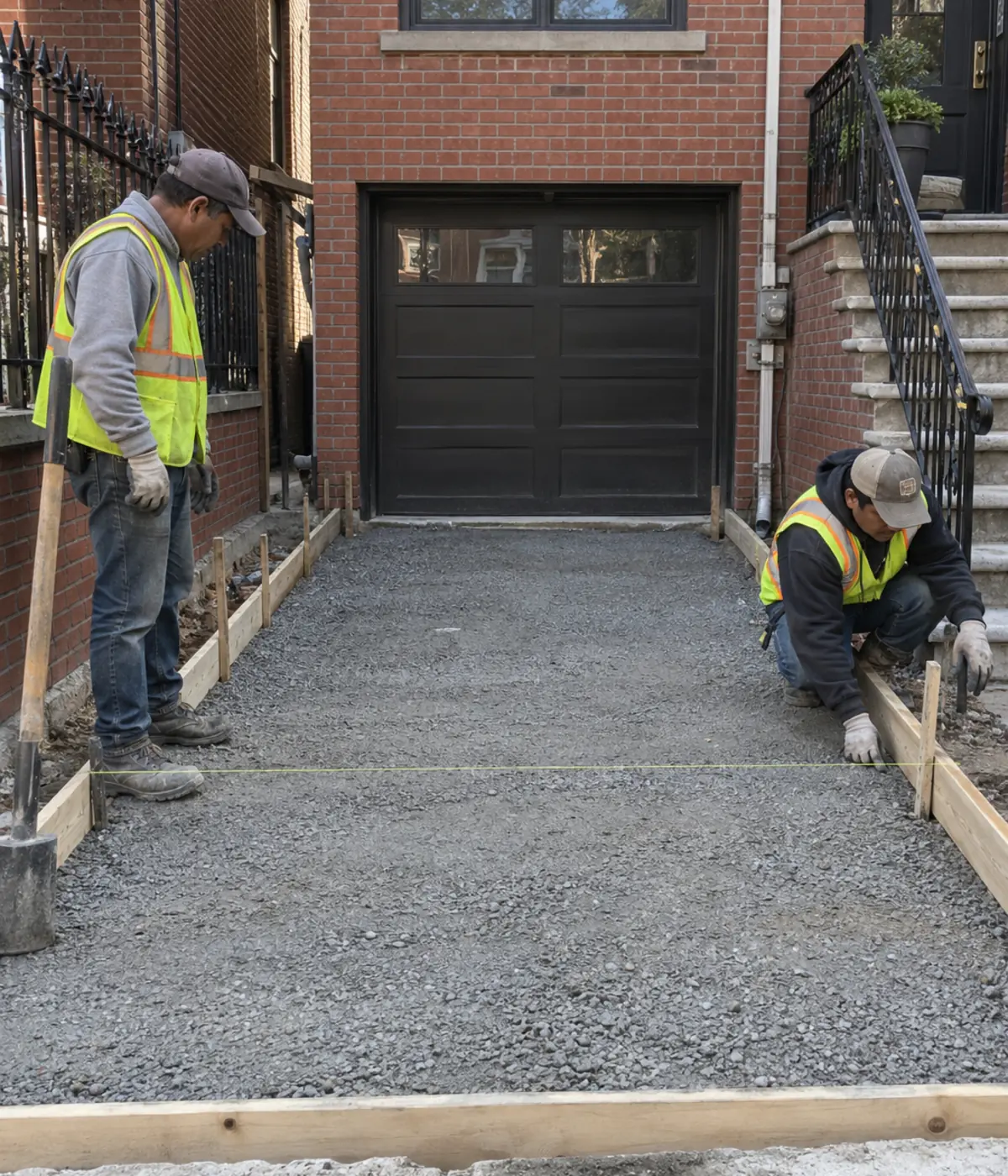 Concrete driveway preparation being inspected at an NYC property