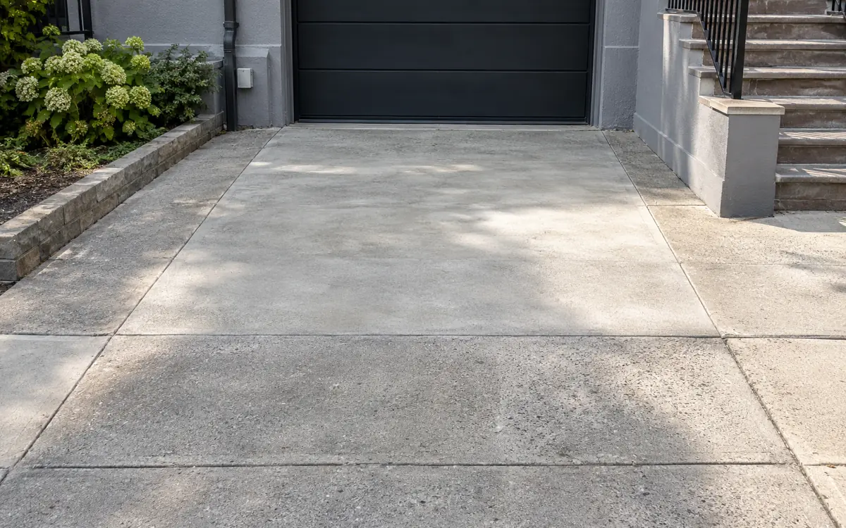 Repaired section of a concrete driveway at an NYC townhouse
