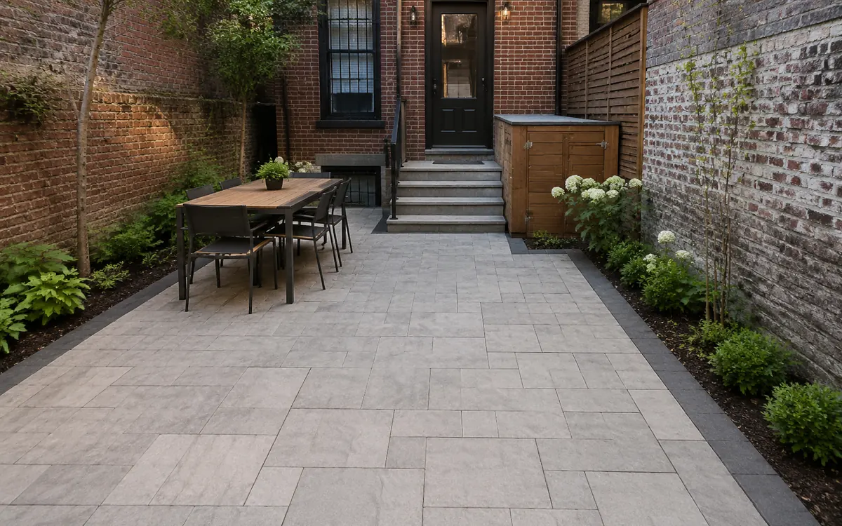 Concrete paver patio in a Brooklyn brownstone backyard