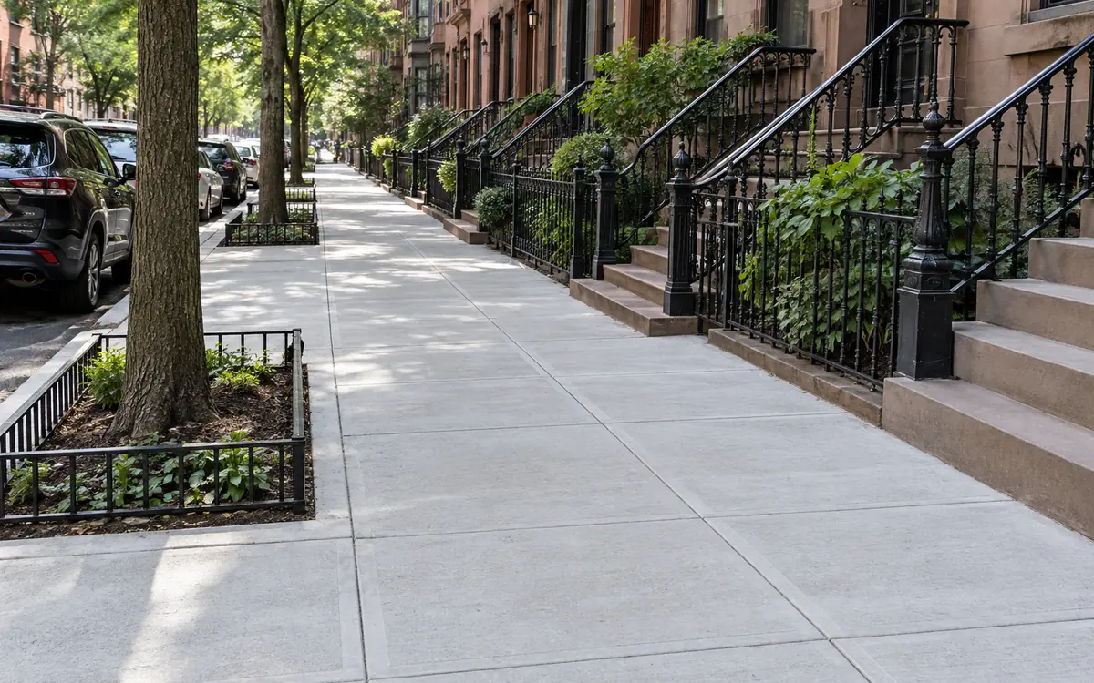 New concrete sidewalk beside NYC brownstone buildings