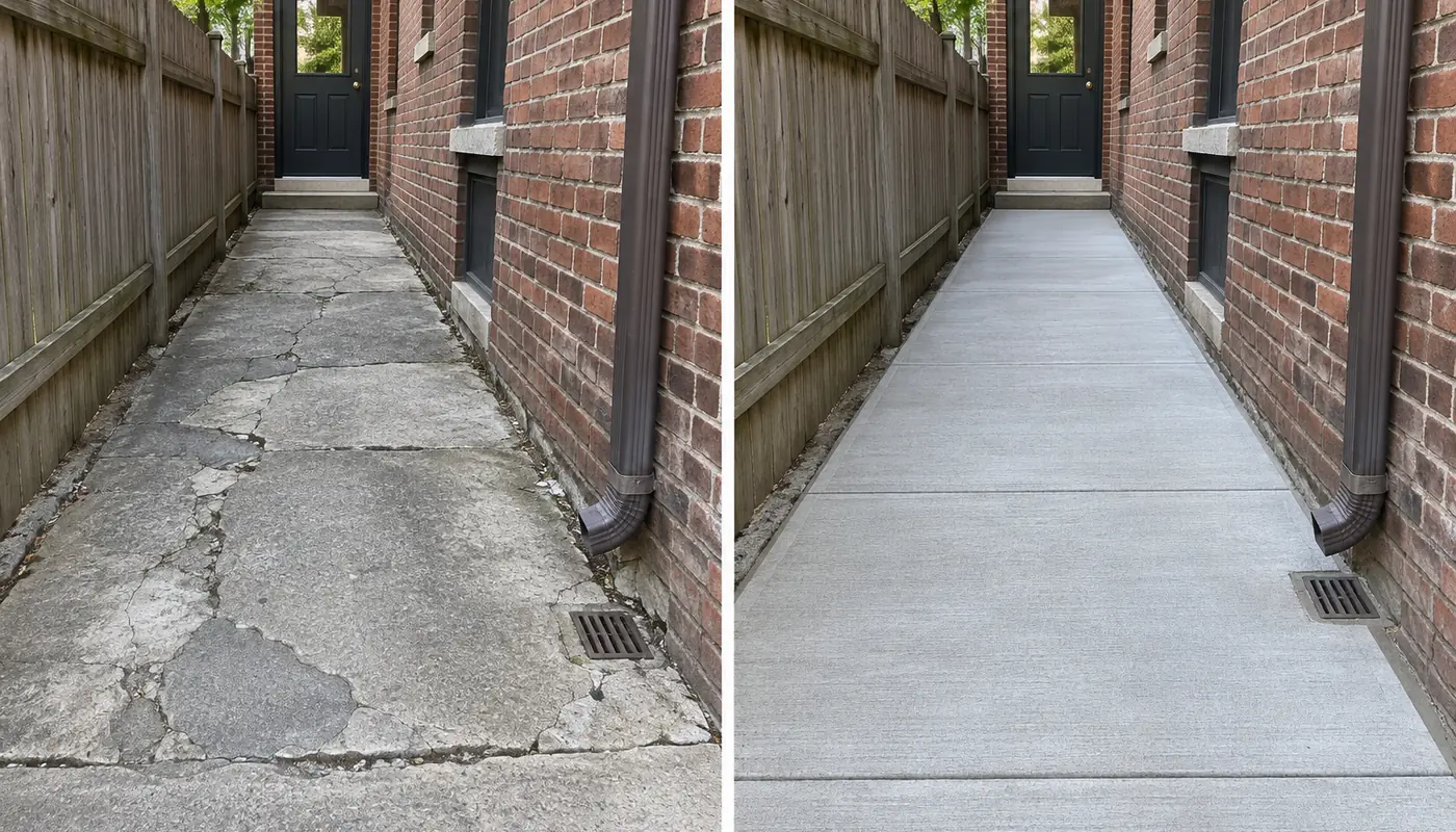 Before and after concrete walkway replacement at an NYC townhouse