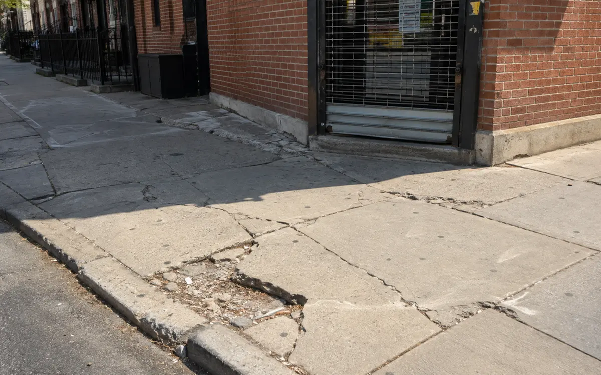 Deteriorated concrete sidewalk with cracked edges and uneven pavement requiring repair