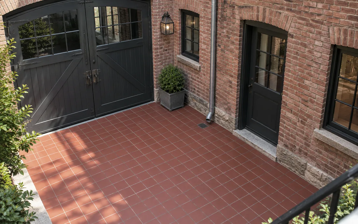 Red quarry tile installed in an urban brick courtyard