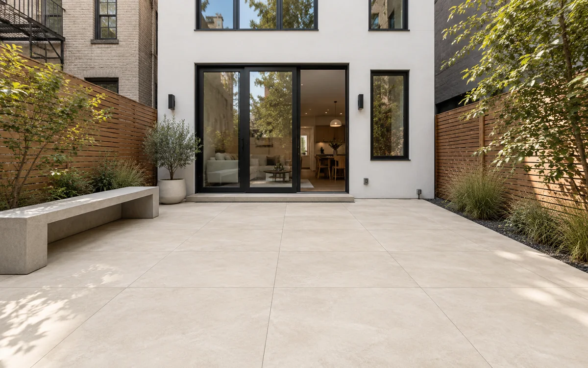 Cream exterior porcelain tile installed at a modern city patio