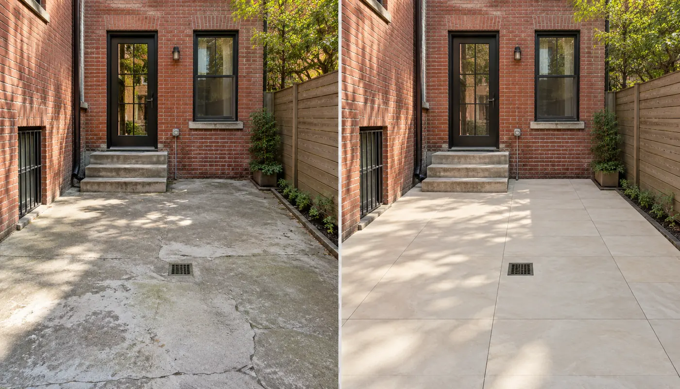 Side-by-side courtyard before and after exterior porcelain tile installation