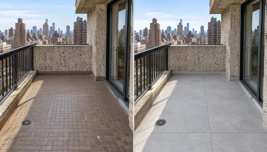 Side-by-side terrace before and after large-format exterior tile replacement