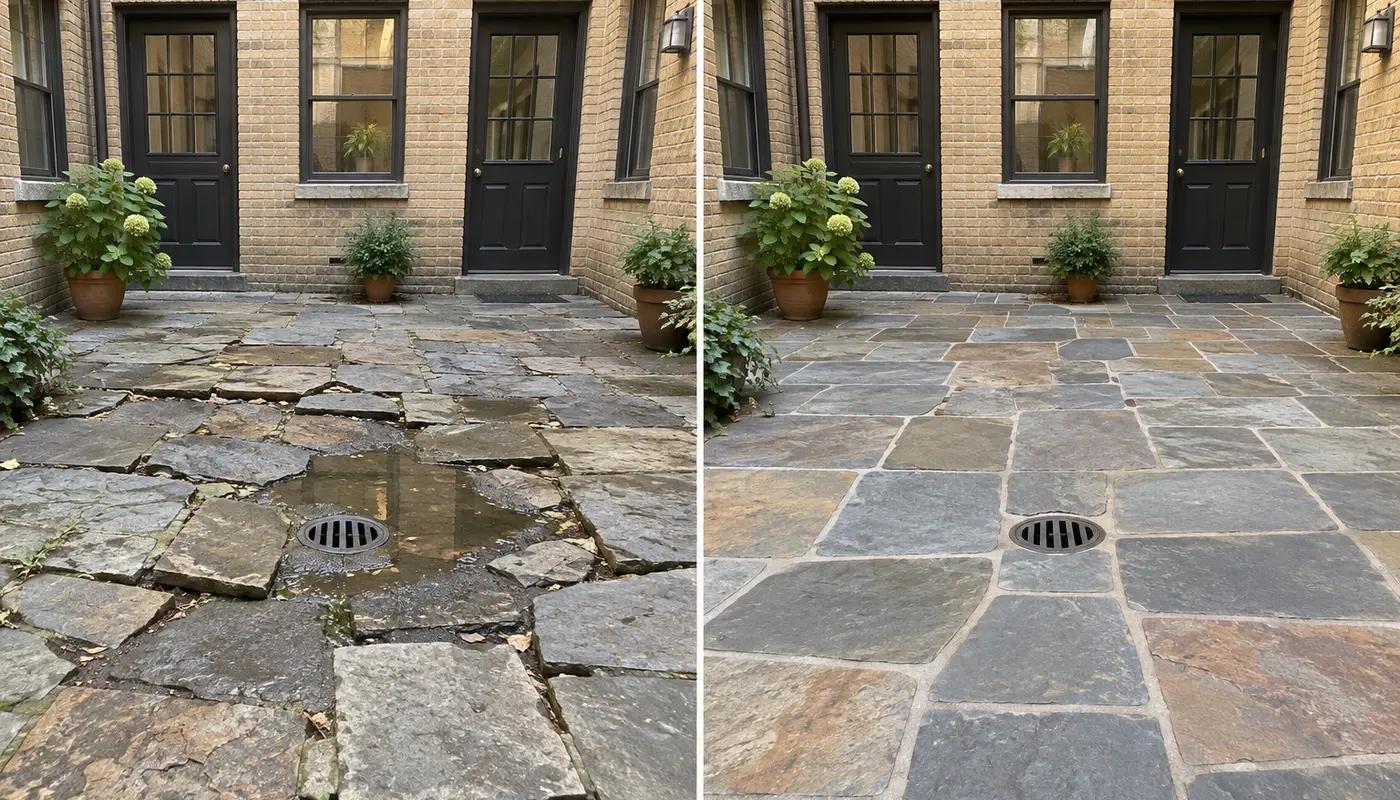 Before and after flagstone courtyard resetting at an NYC apartment building