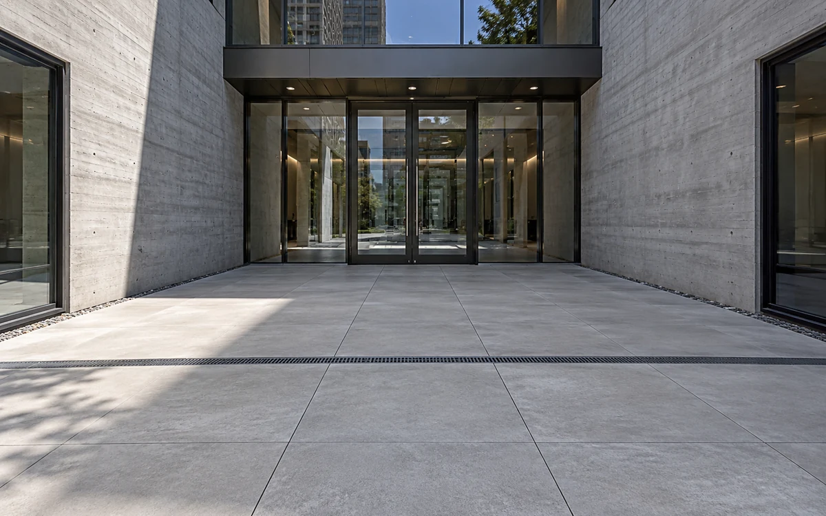 Large-format concrete-look exterior tile at a commercial entrance