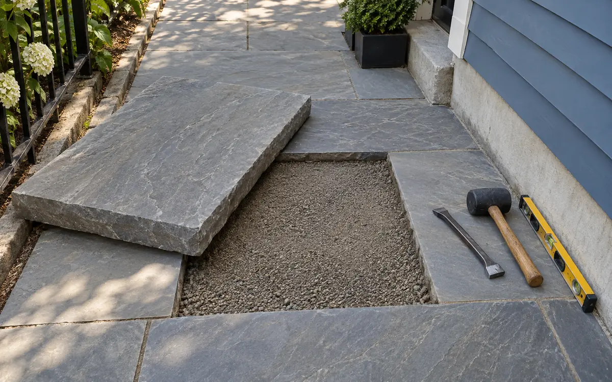 Bluestone slab lifted to correct its supporting bed