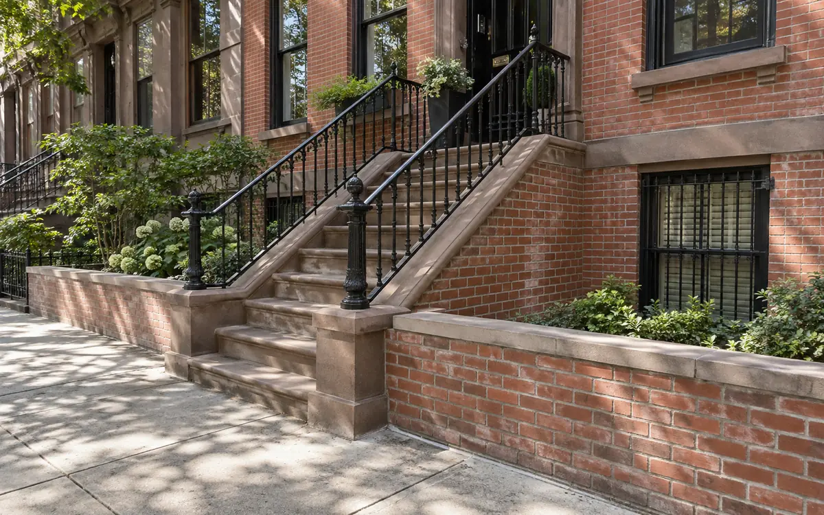 Restored brick stoop and masonry wall at an NYC brownstone