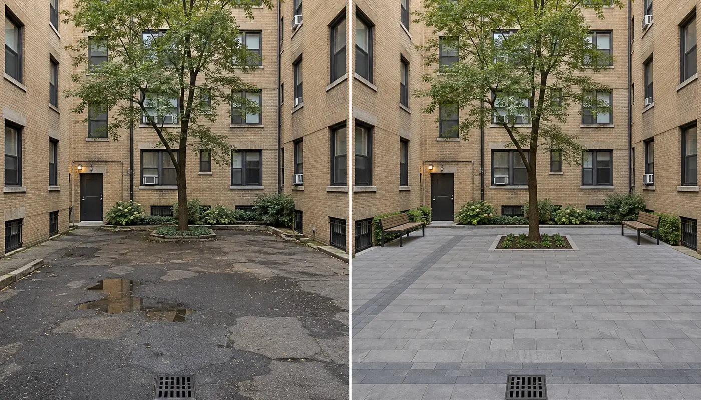 Finished residential paver patio with landscaped outdoor living and seating area