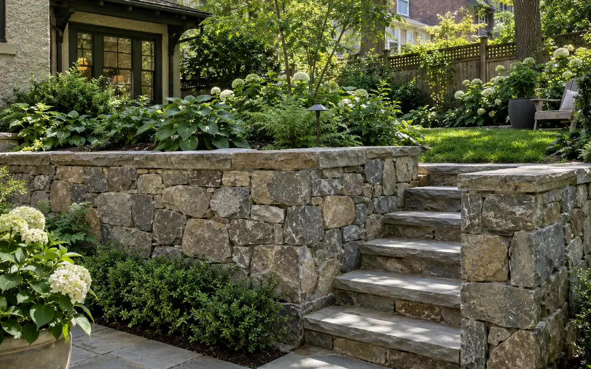 Natural stone retaining wall in an NYC backyard garden