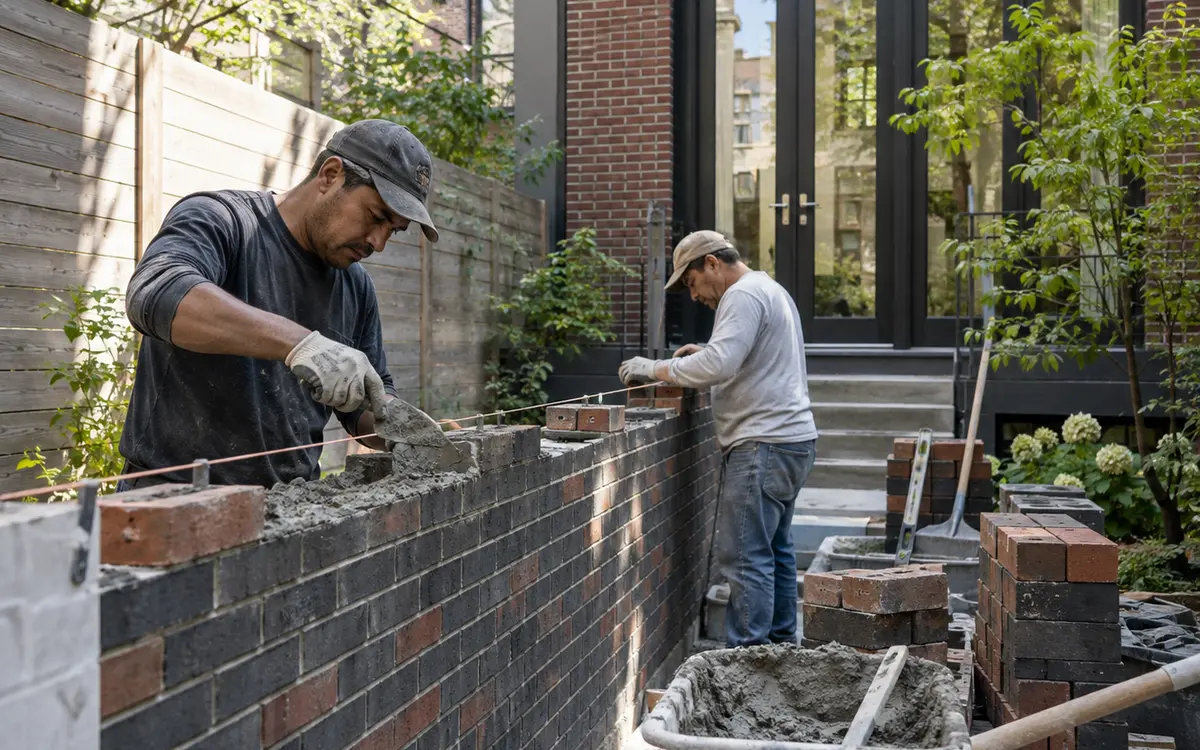 New brick courtyard wall installation at an NYC townhouse