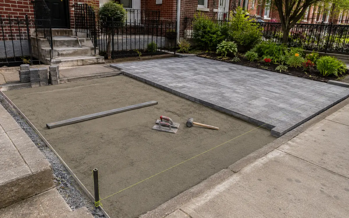 New concrete paver installation with prepared base and laid paving units in NYC