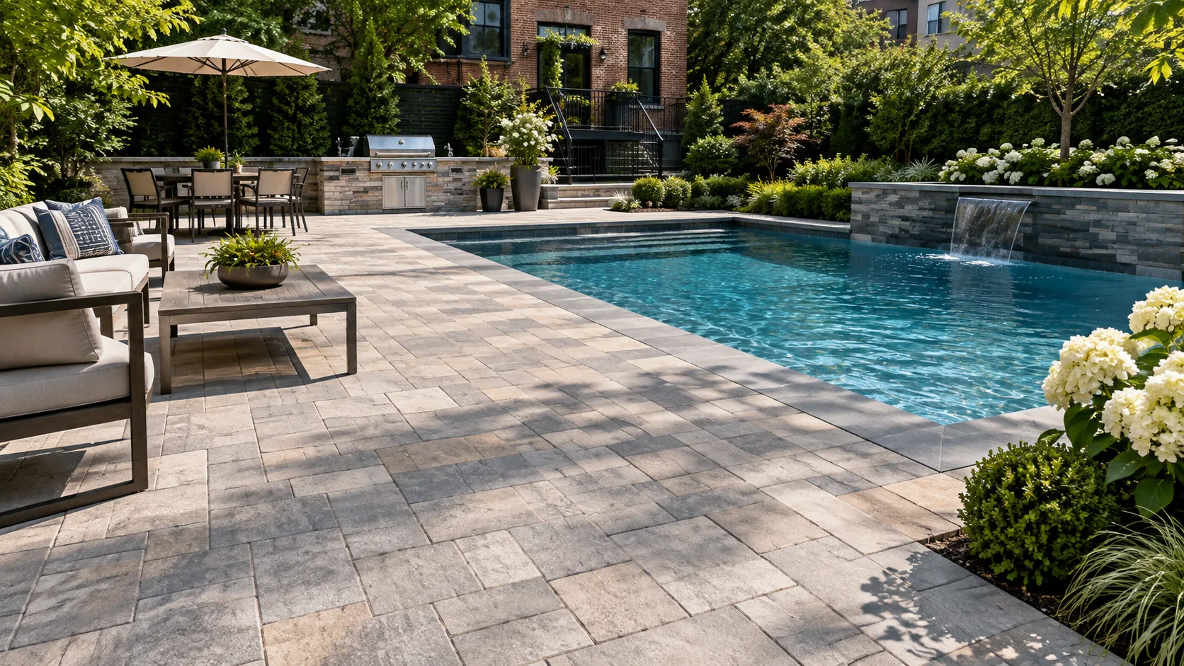 Completed pool patio with premium paving and landscaped outdoor living areas