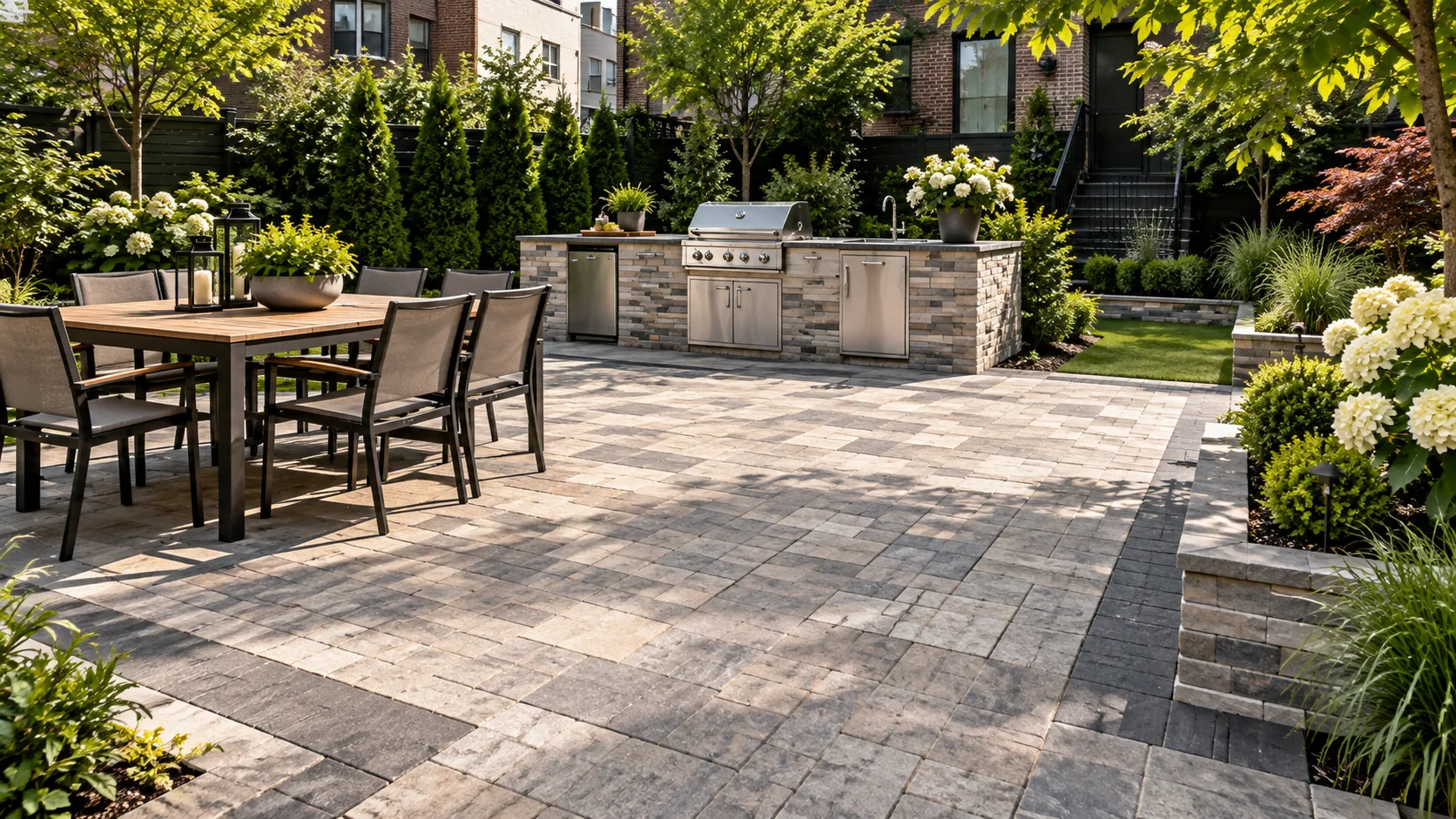 Completed gray paver pool patio with outdoor dining and landscaping