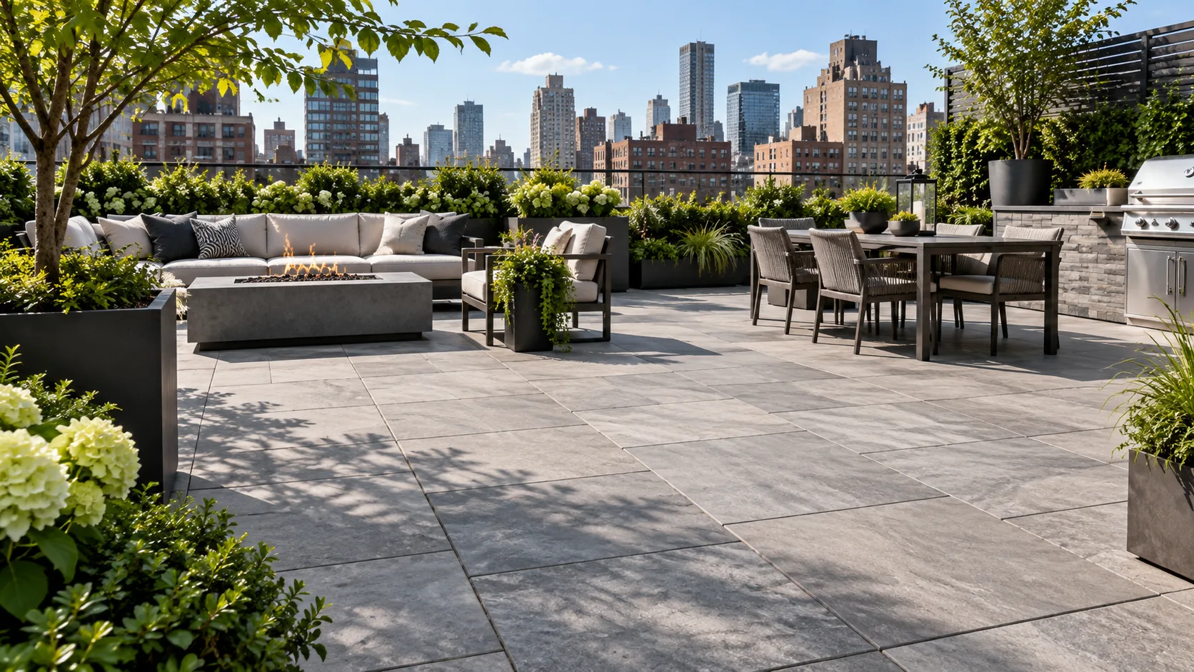 Modern paver patio with fire pit, seating walls and landscape columns