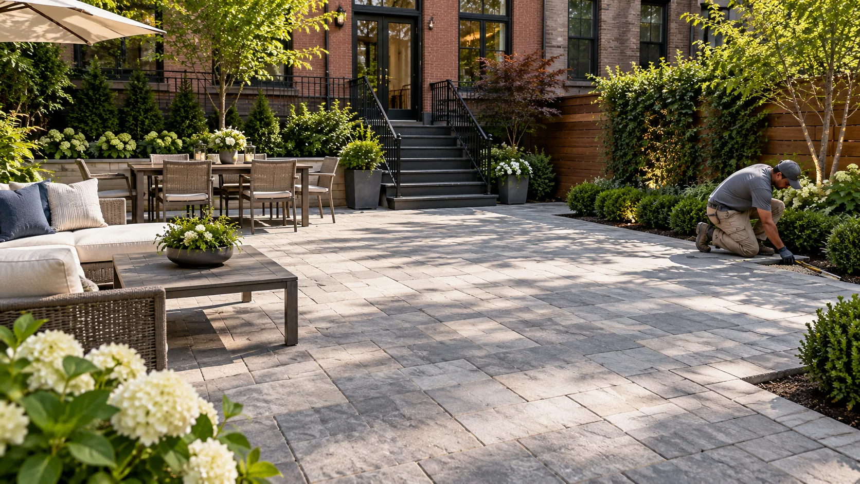 Residential paver patio with curved seating areas and landscaping