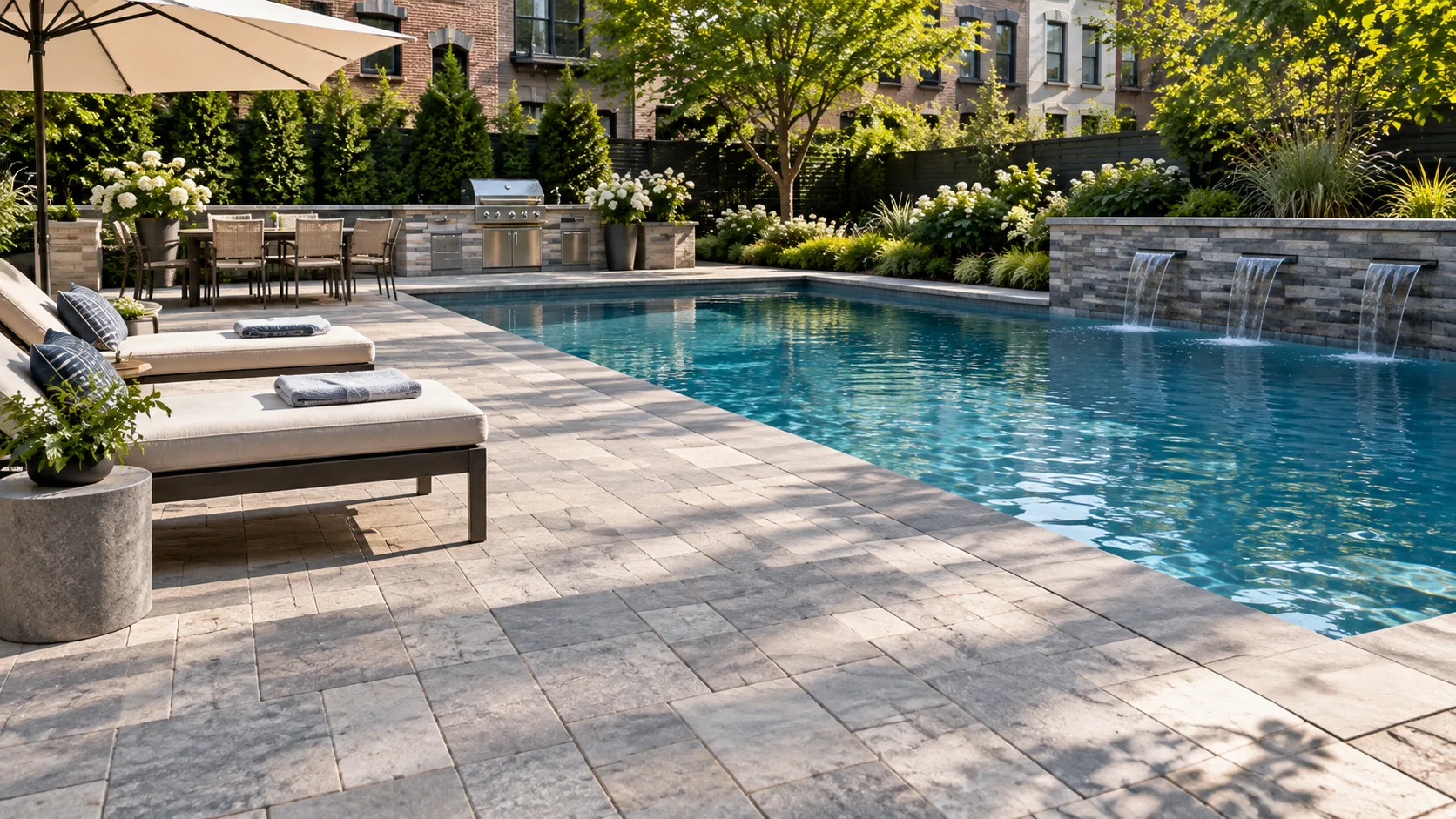 Landscaped swimming pool deck finished with premium outdoor pavers