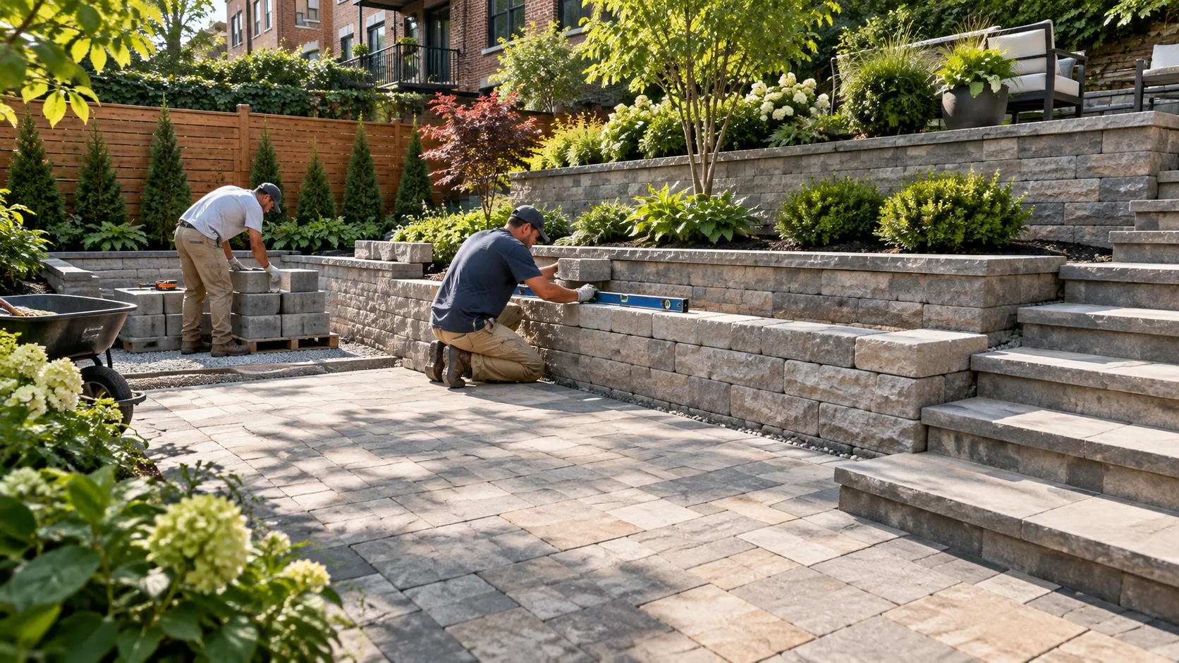 Tiered retaining walls with steps and landscaped planting areas