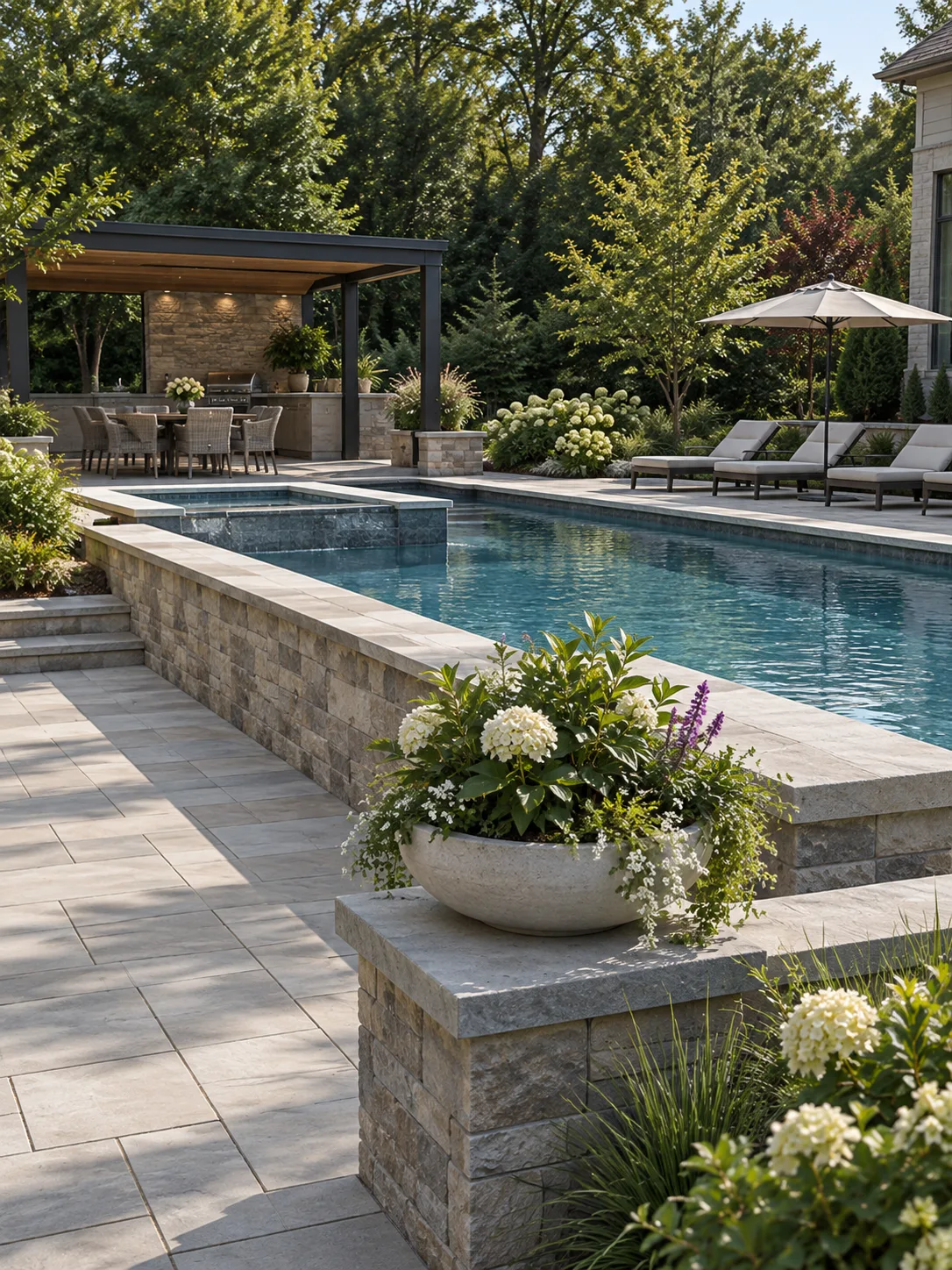 Premium paver patio and poolside outdoor living area with landscaped hardscape features