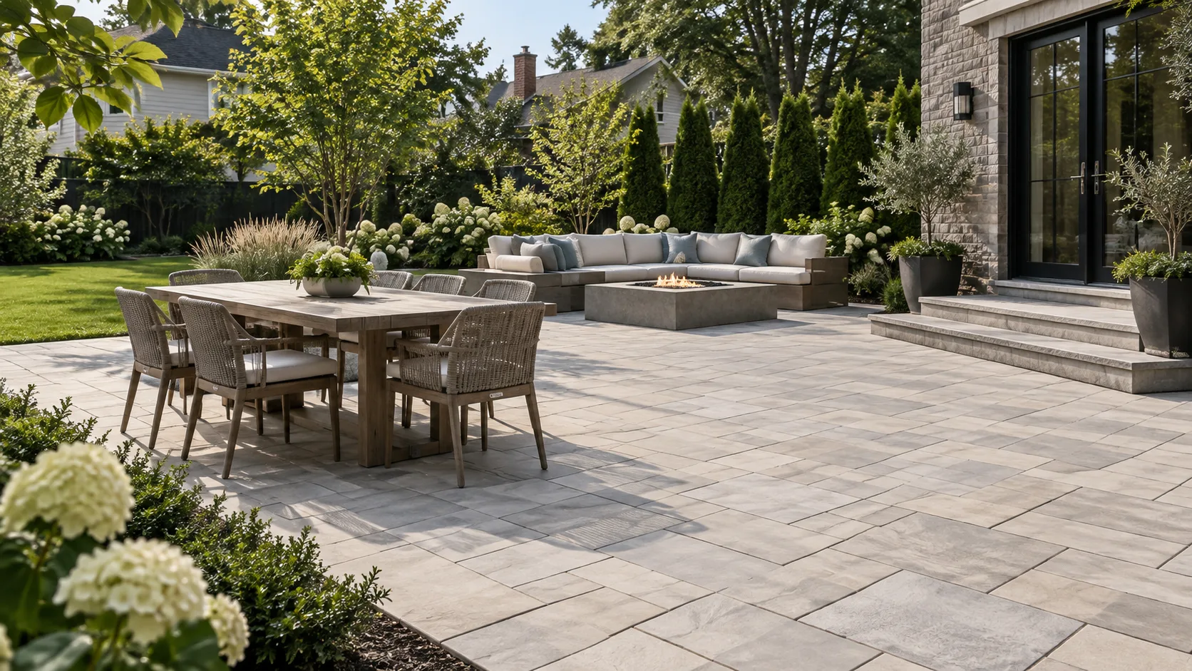 Landscaped paver patio with curved seating area and coordinated borders