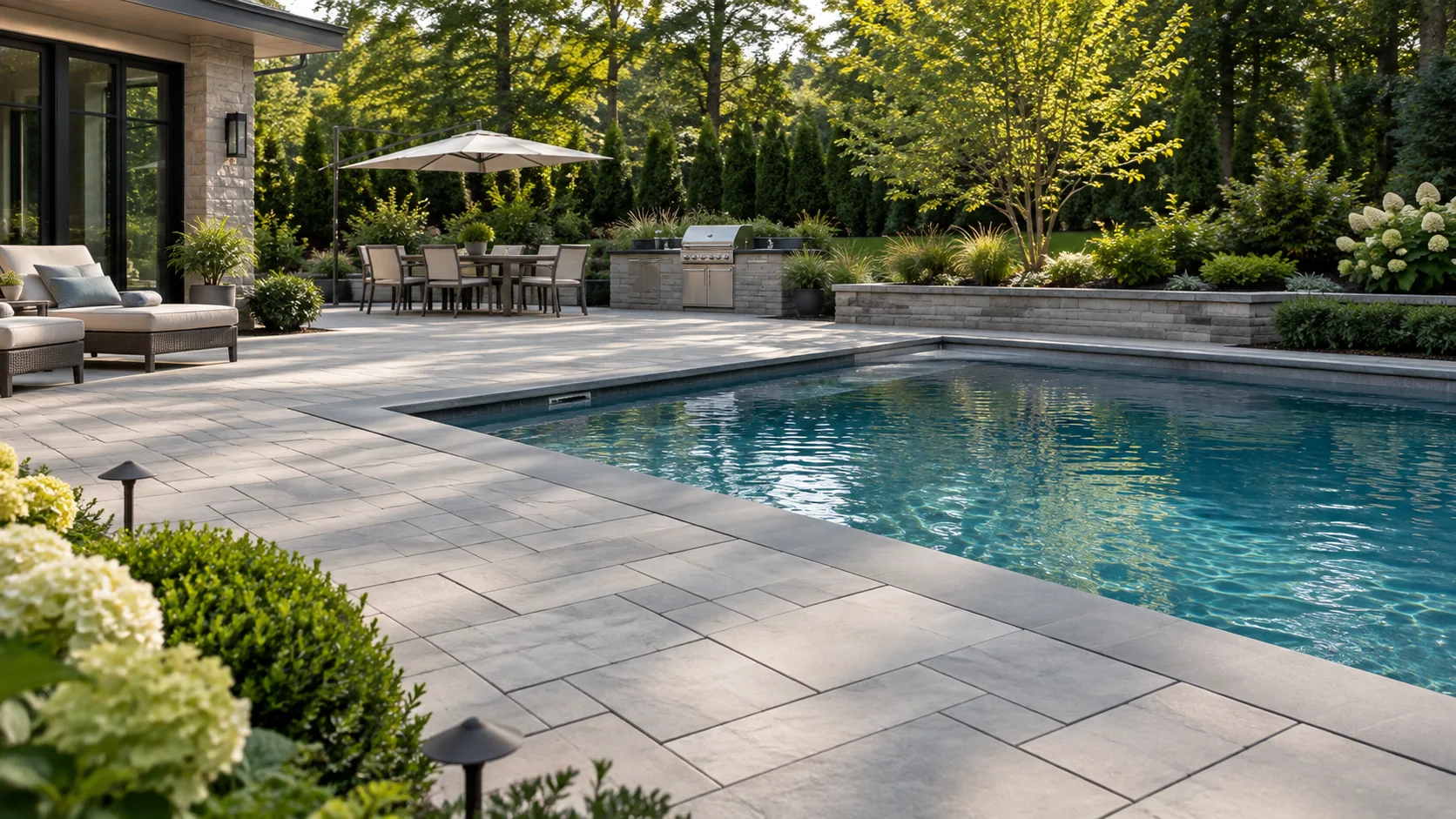 Premium paver pool surround with landscaped outdoor living area