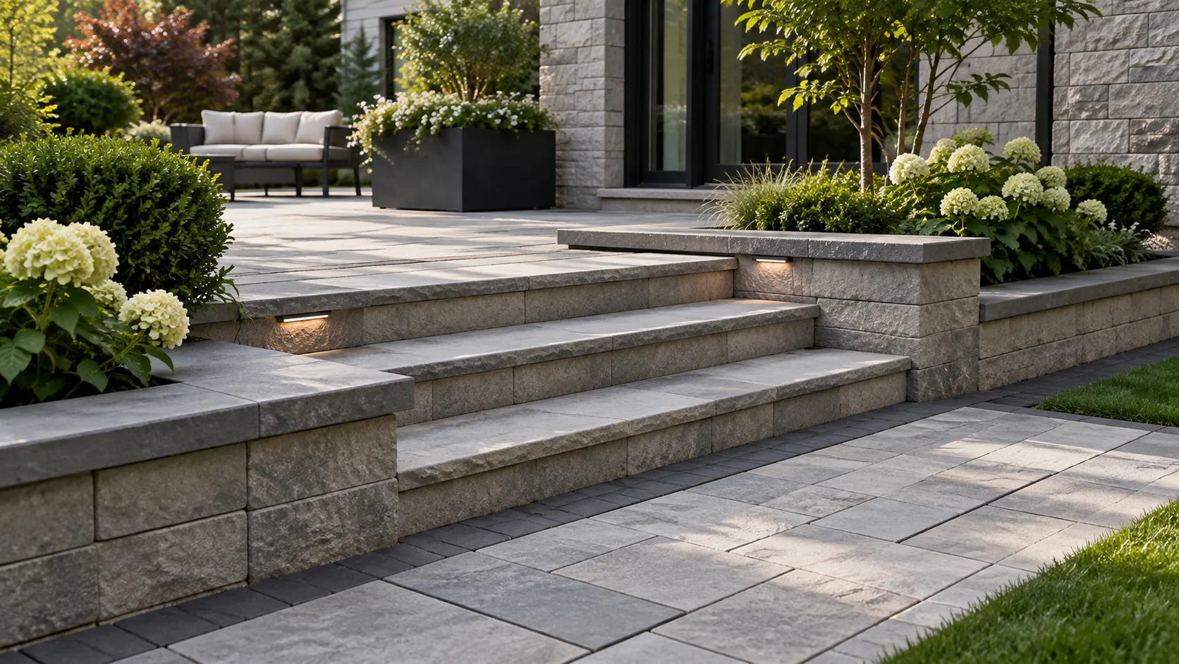 Paver steps with contrasting borders and coordinated hardscape materials