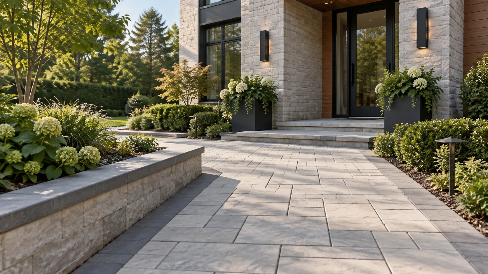 Curved gray paver walkway leading through landscaped residential grounds