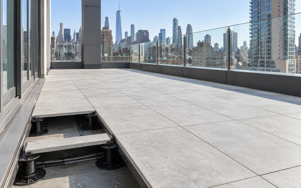 Exterior porcelain paver system on a residential roof terrace