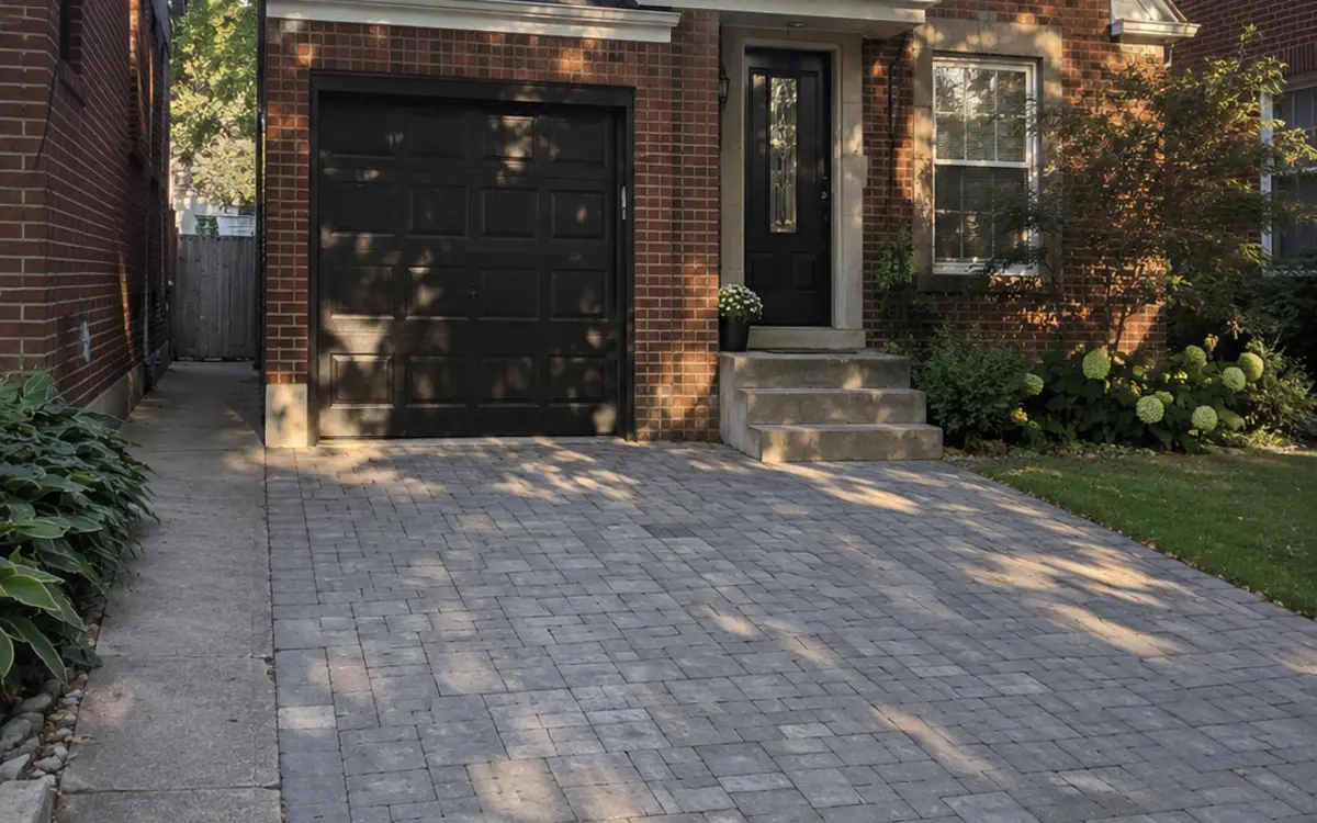 Finished paver driveway and residential entrance at a New York property
